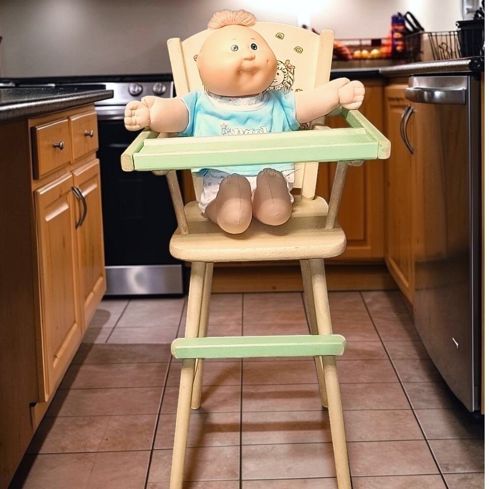 VTG 80's Cabbage Patch Kids Doll Wooden High Chair Set 16" Blonde 1982 CPK HTF